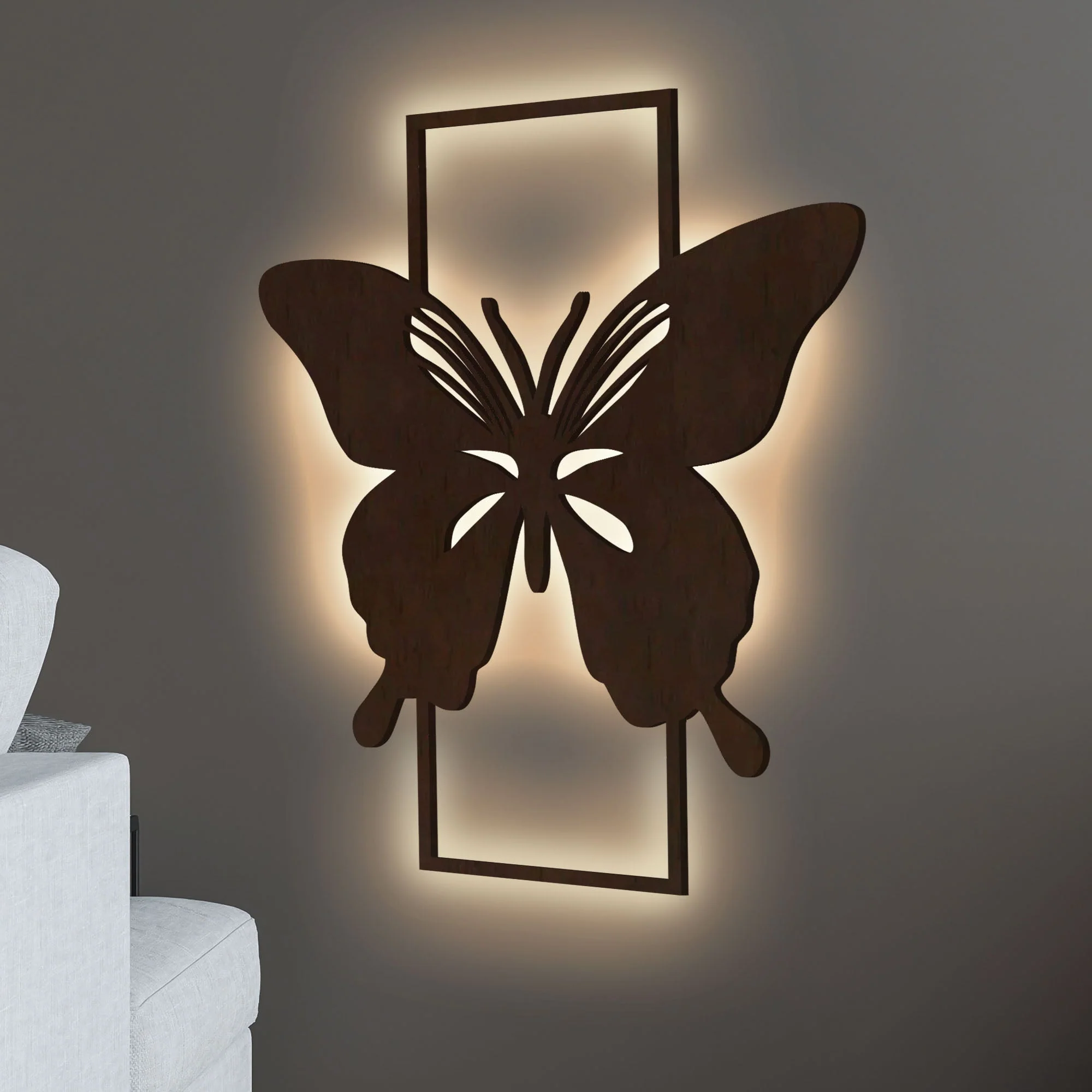 Modern Butterfly Art Backlit Wooden Wall Decor with LED Night Light Walnut Finish - Image 2