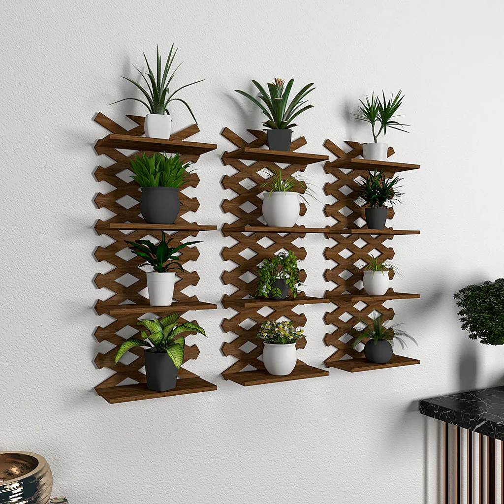 Modern Criss Cross Designer Dark Walnut Planter Shelves Set Of 3 - Image 2