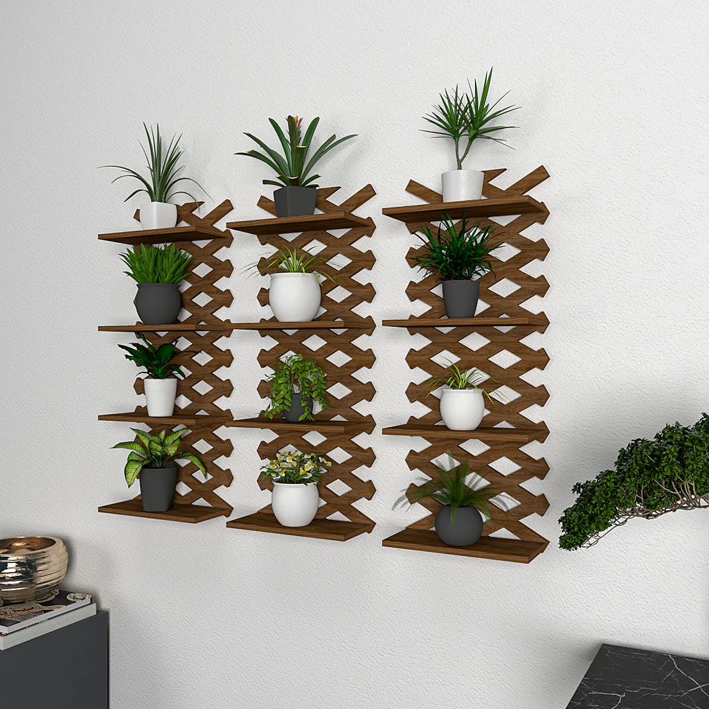Modern Criss Cross Designer Dark Walnut Planter Shelves Set Of 3 - Image 3