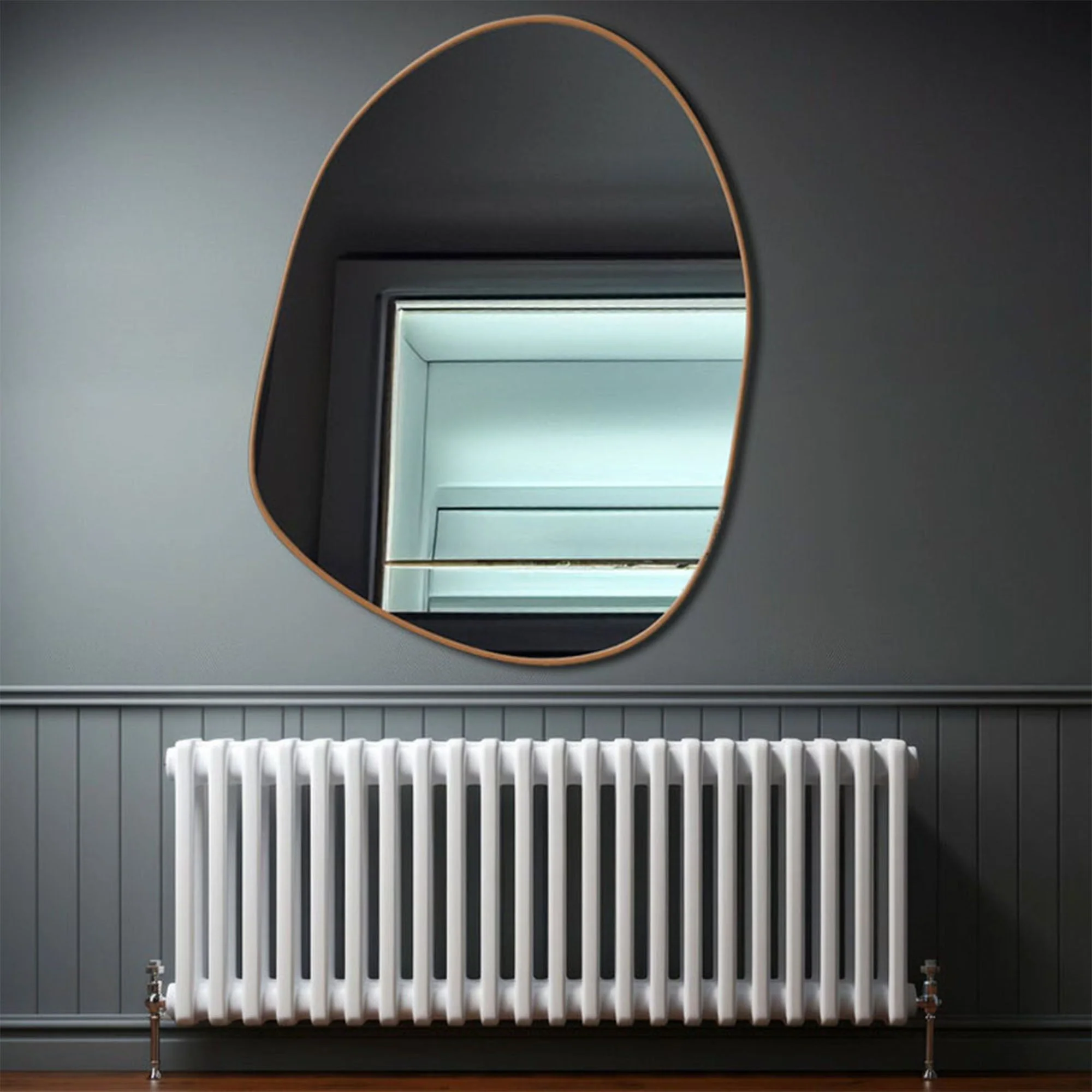 Modern Decorative Asymmetrical Bathroom Mirror with Golden Wooden Finish - Image 2