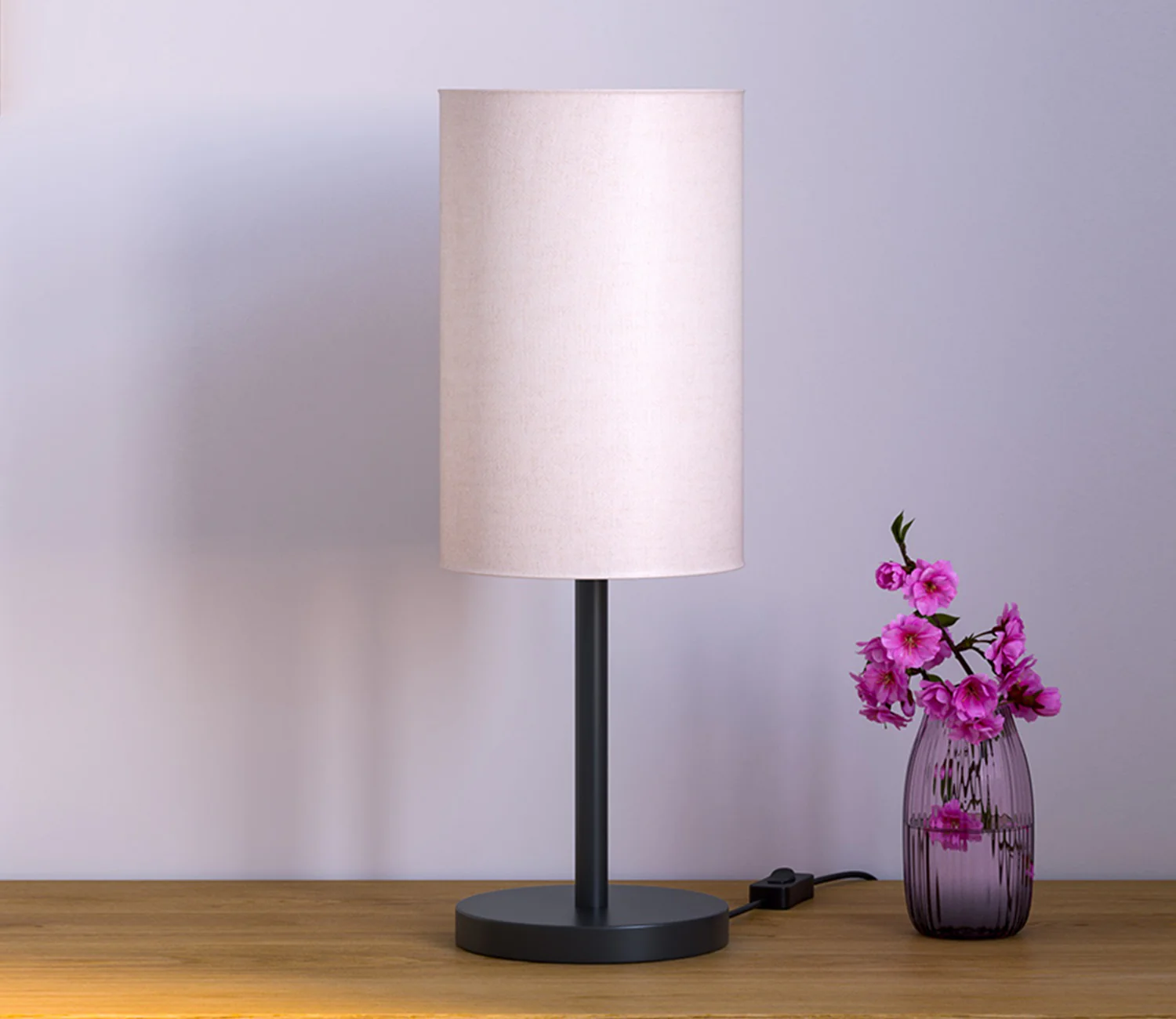 Modern Decorative Sleek Table Lamp Black Polished with Cylinder Lampshade - Image 2