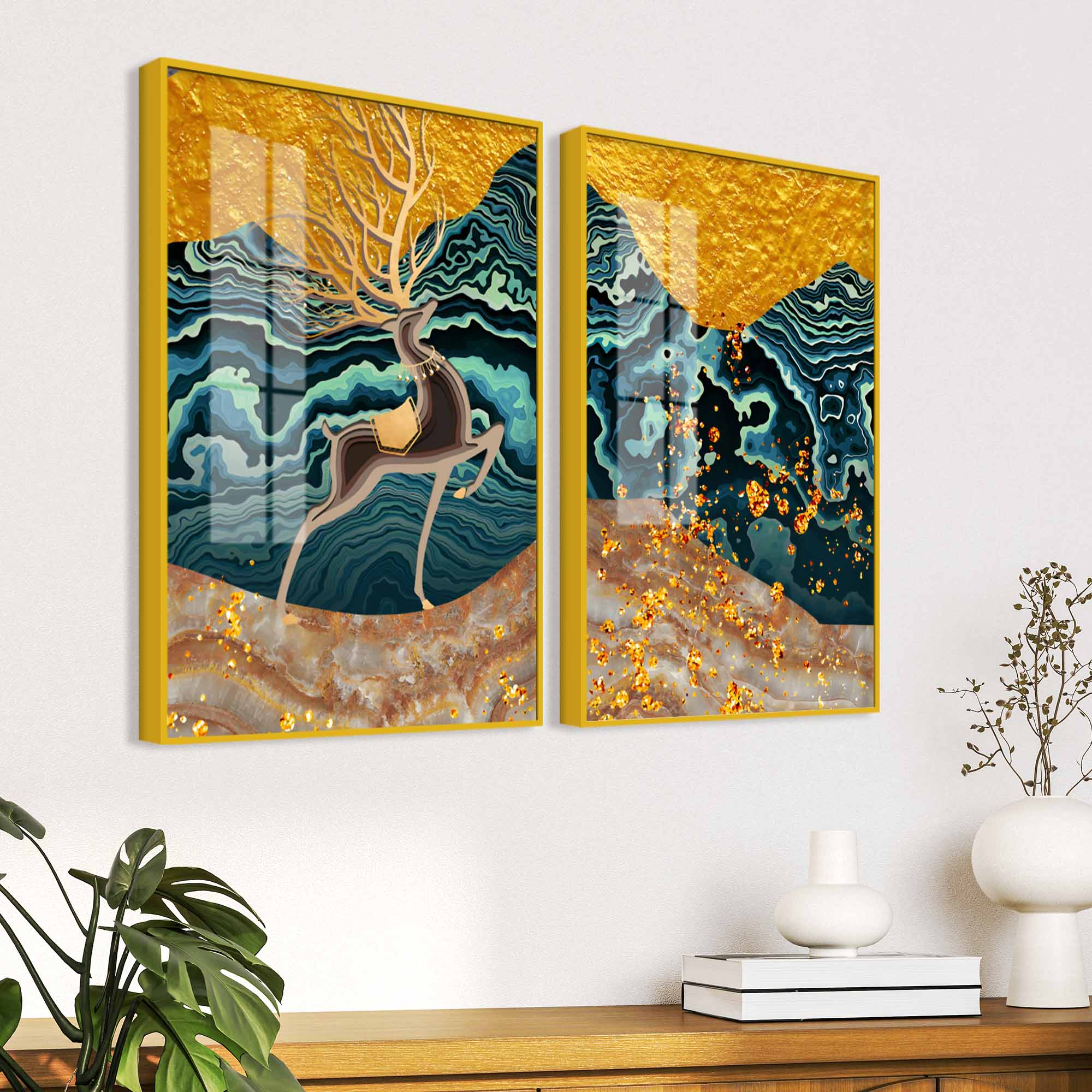 Modern Deer and Marble Texture Golden Acrylic Floating Wall Painting Set of 2 - Image 3
