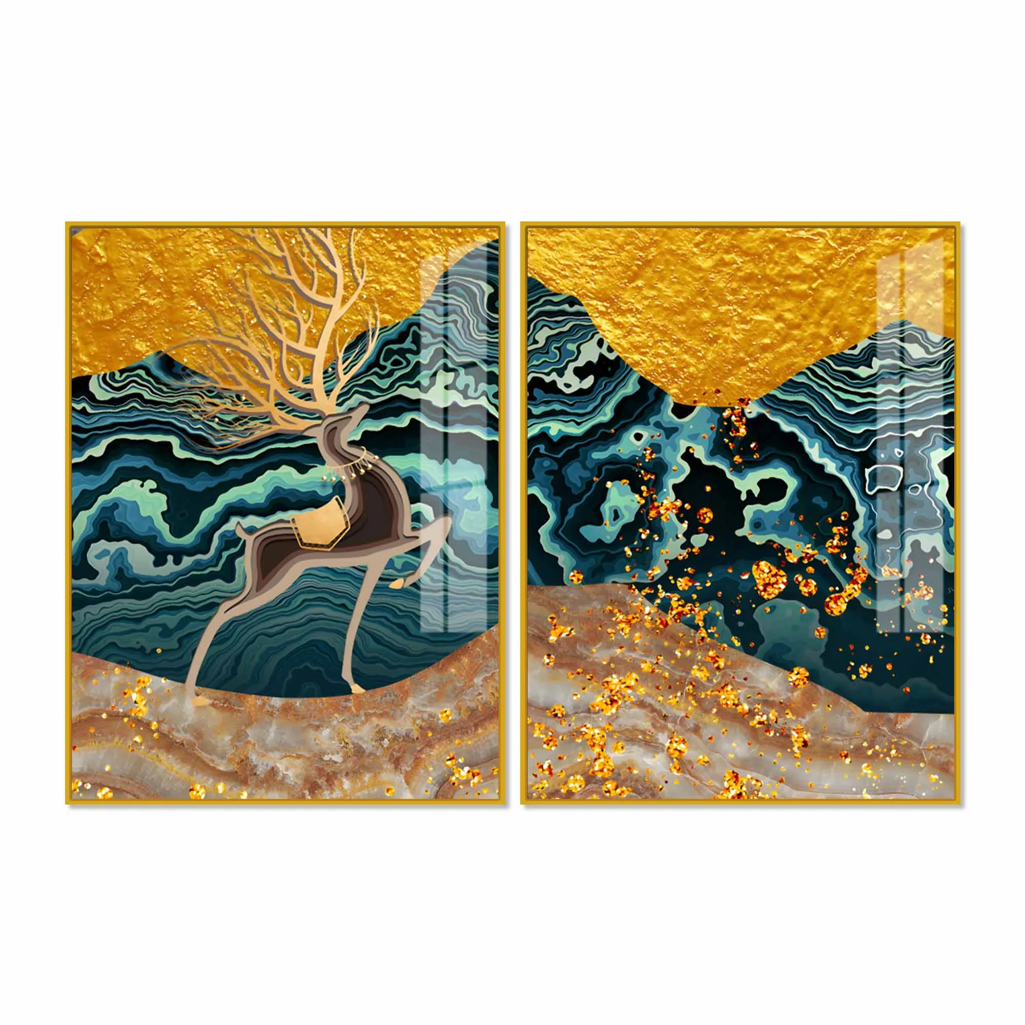 Modern Deer and Marble Texture Golden Acrylic Floating Wall Painting Set of 2 - Image 4