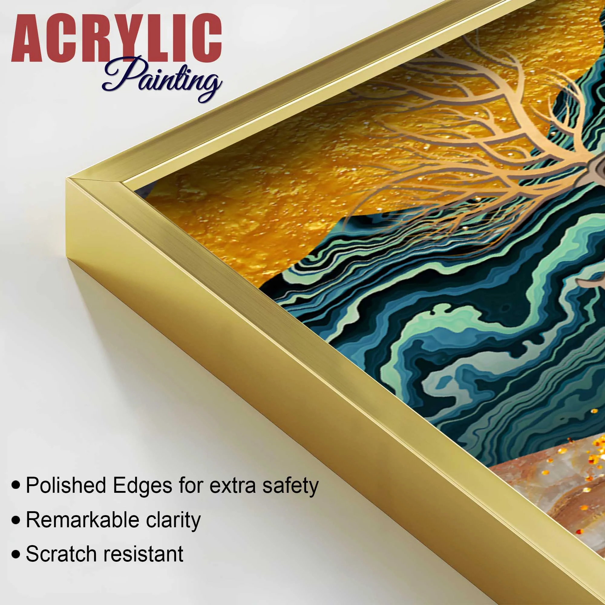 Modern Deer and Marble Texture Golden Acrylic Floating Wall Painting Set of 2 - Image 5