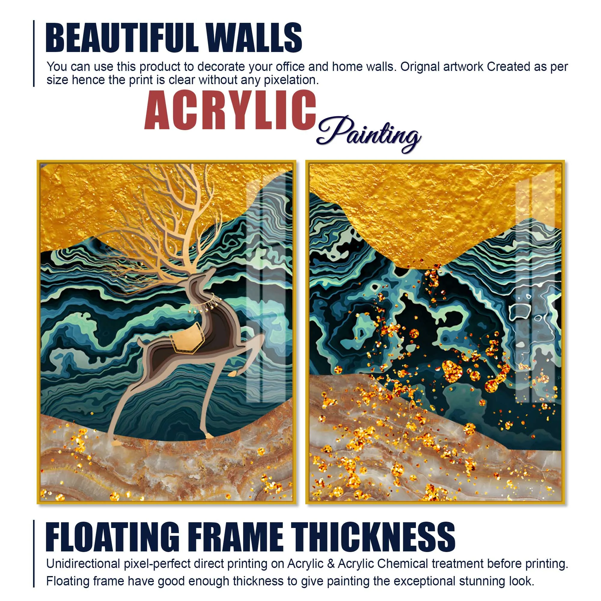 Modern Deer and Marble Texture Golden Acrylic Floating Wall Painting Set of 2 - Image 6