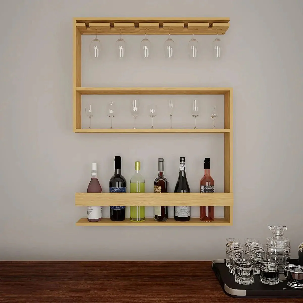 Modern Design Backlit MDF Bar Wall Shelf / Mini Bar Shelf in Light Oak Finish - Image 2