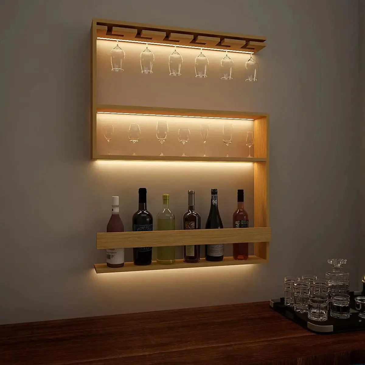 Modern Design Backlit MDF Bar Wall Shelf / Mini Bar Shelf in Light Oak Finish - Image 3