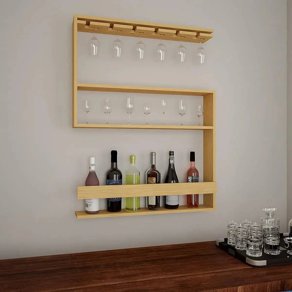 Modern Design Backlit MDF Bar Wall Shelf / Mini Bar Shelf in Light Oak Finish - Image 4