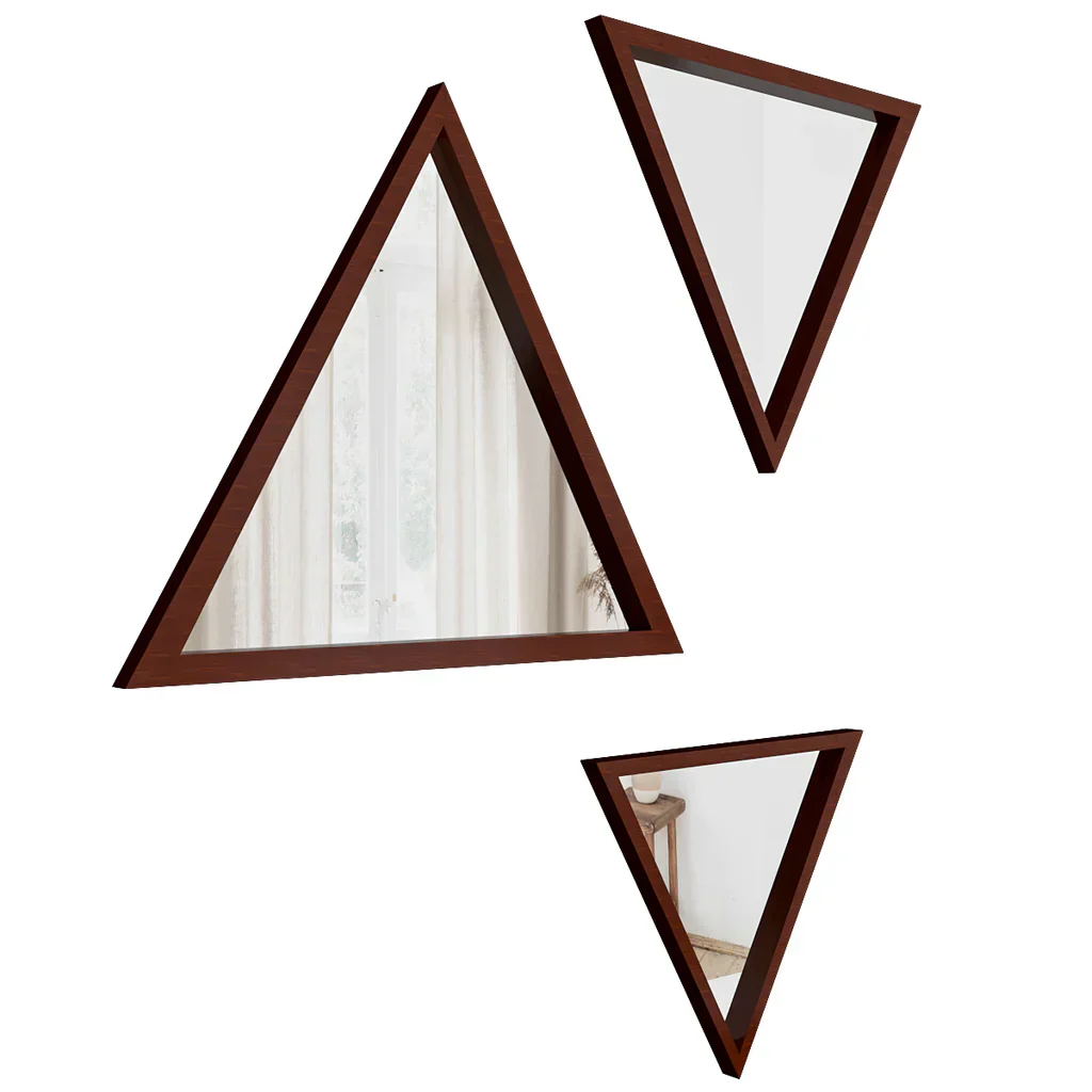 Modern Design Triangular Look Set of 3 Wooden Decorative Wall Mirror ( White / Brown Finish ) - Image 3
