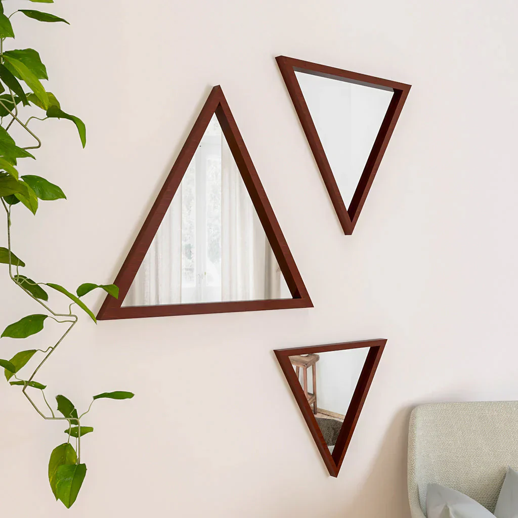 Modern Design Triangular Look Set of 3 Wooden Decorative Wall Mirror ( White / Brown Finish ) - Image 4