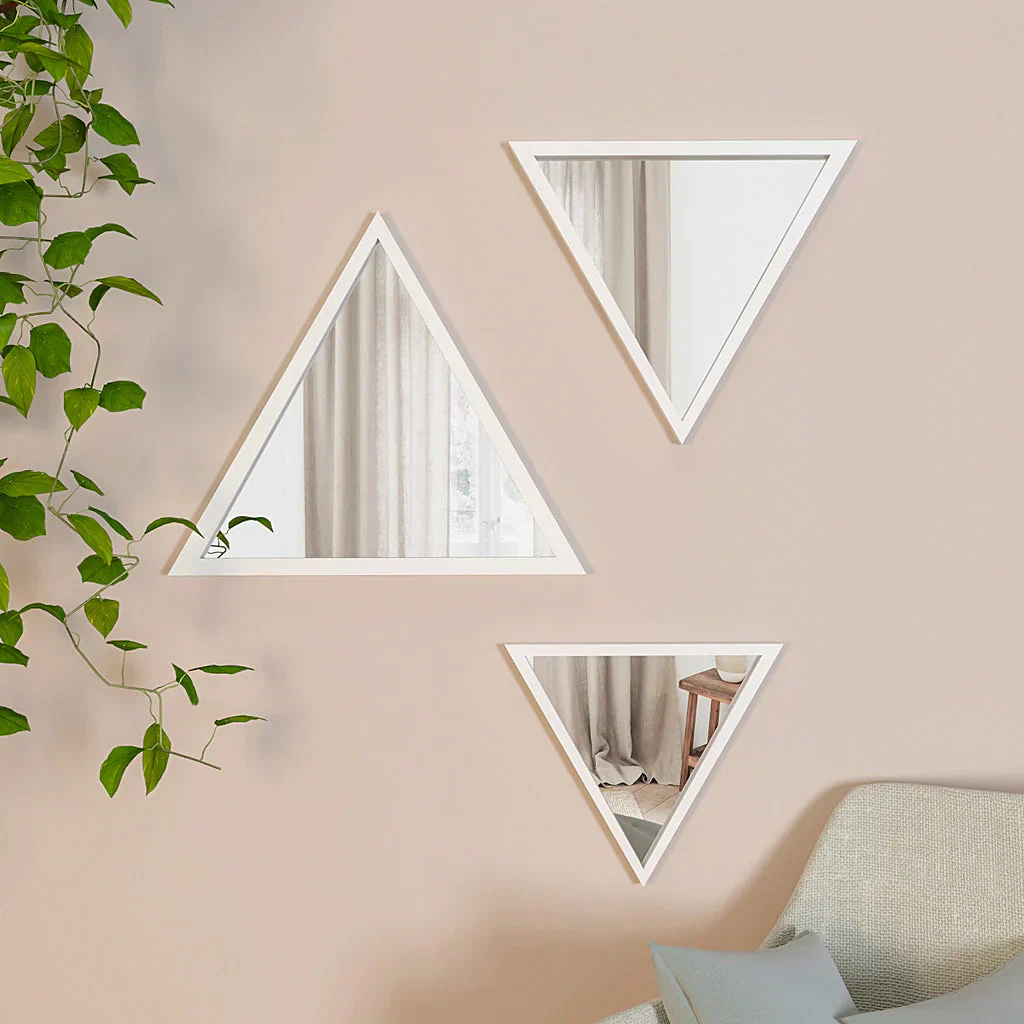 Modern Design Triangular Look Set of 3 Wooden Decorative Wall Mirror ( White / Brown Finish ) - Image 6