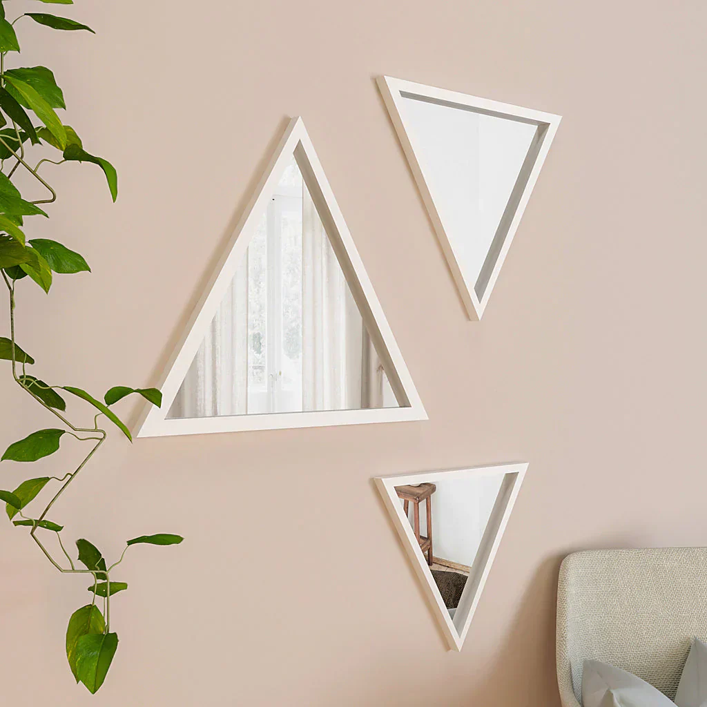 Modern Design Triangular Look Set of 3 Wooden Decorative Wall Mirror ( White / Brown Finish ) - Image 9