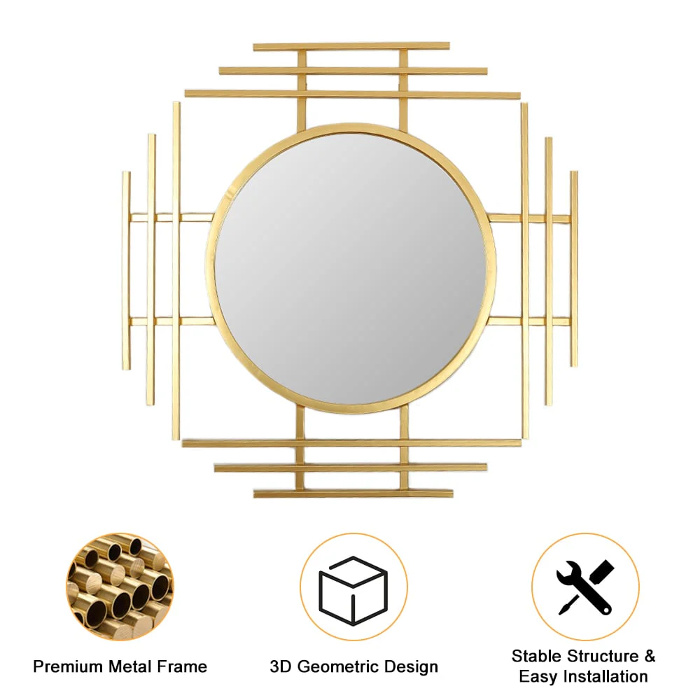 Geometric Sunburst Round Bathroom Mirror with Gold Finish - Image 7