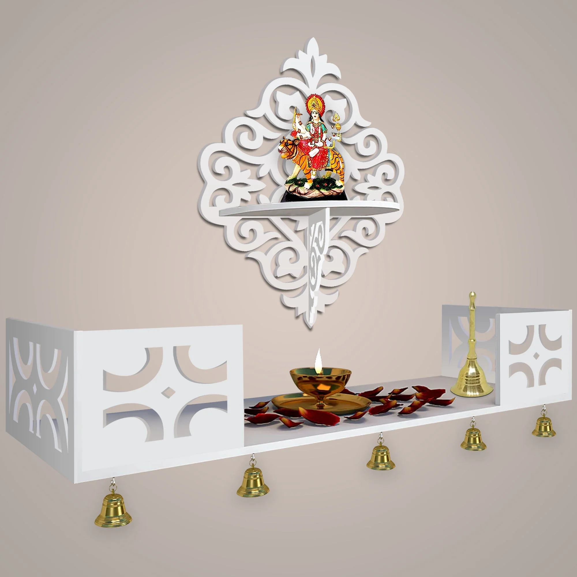 Modern Designer Pattern Wall Hanging Wooden Temple/ Pooja Mandir Design with Shelf, White Color - Image 2