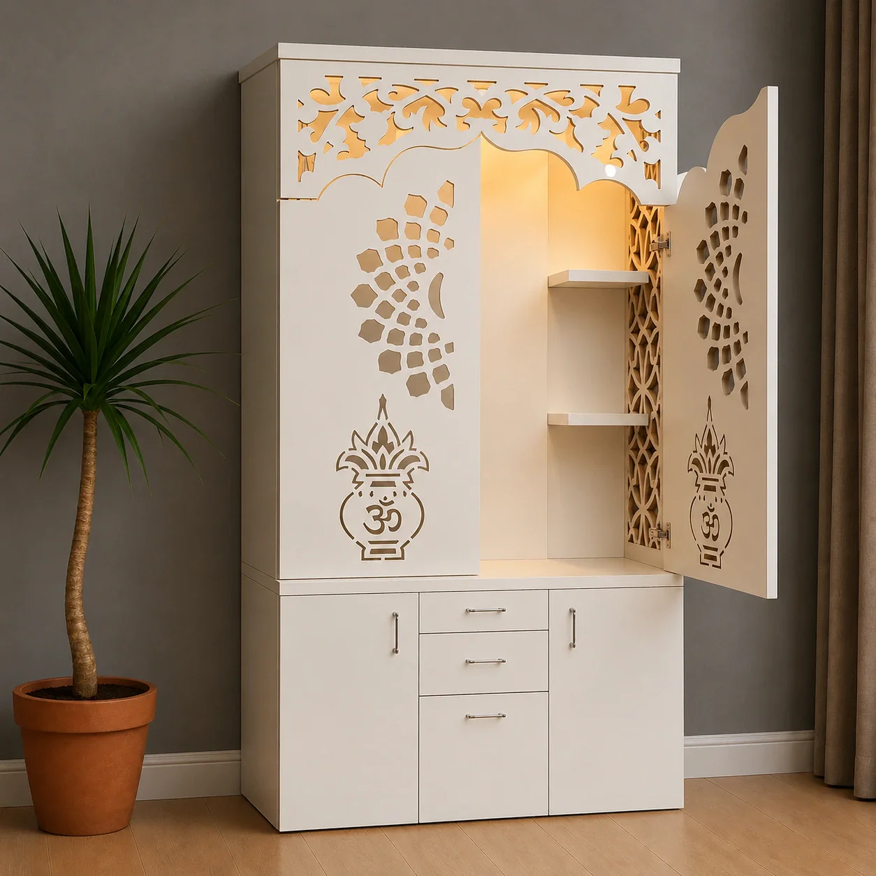 Modern Designer Pooja Mandir with Doors Storage Drawers and LED Back Panel - Image 3