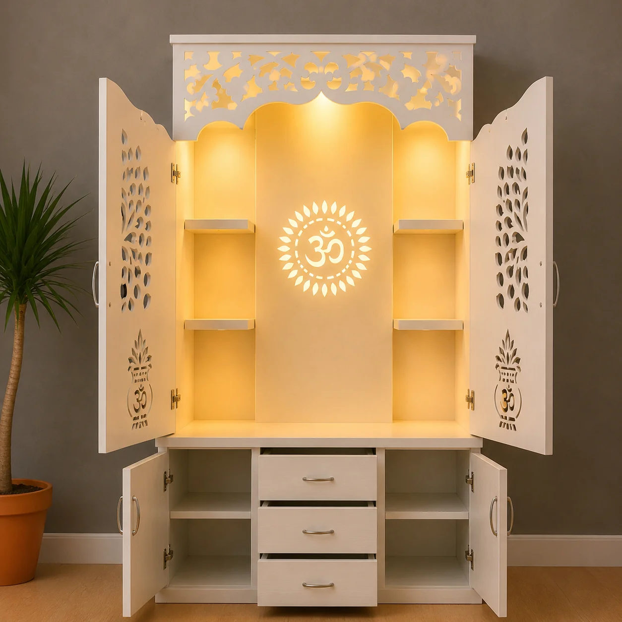 Modern Designer Pooja Mandir with Doors Storage Drawers and LED Back Panel - Image 4