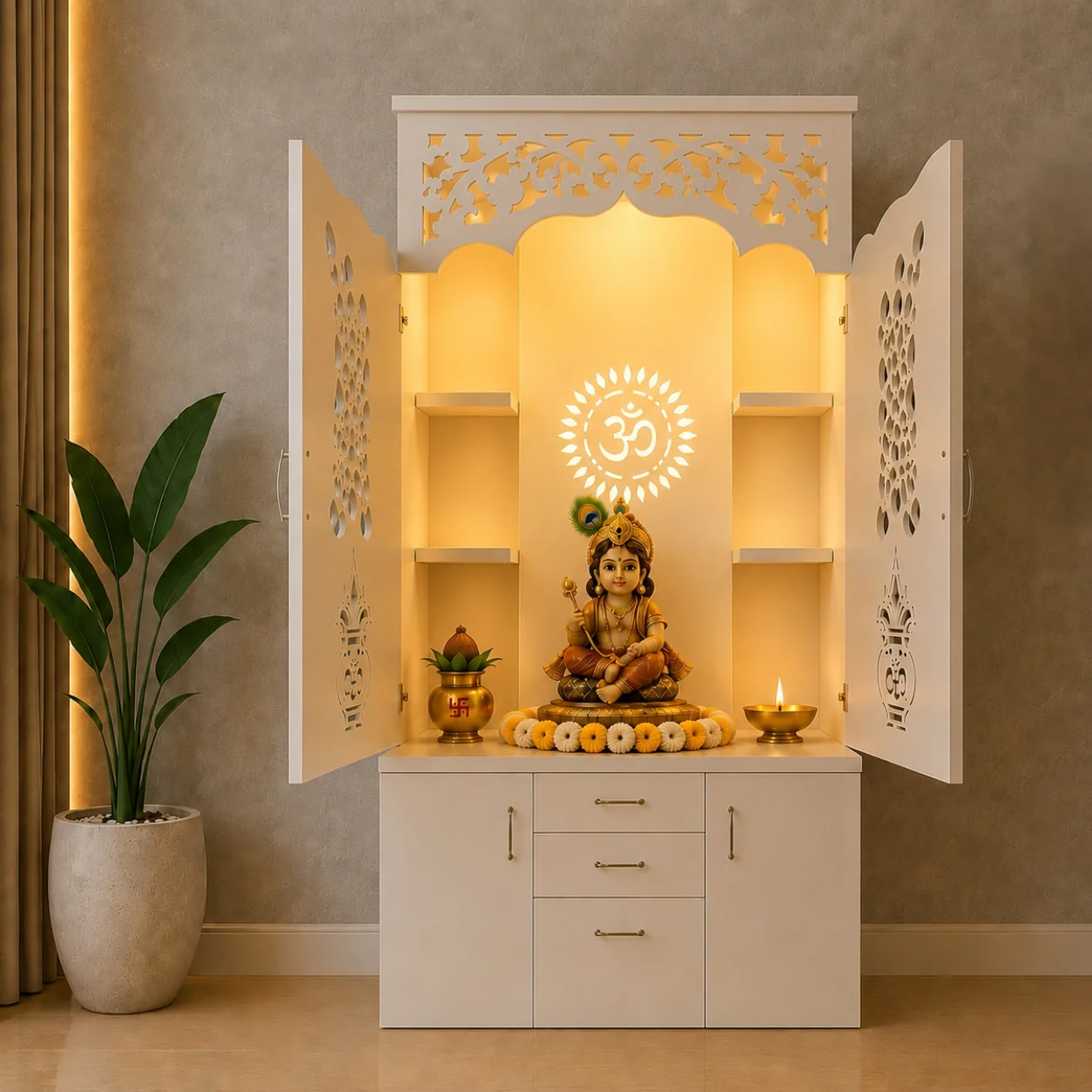 Modern Designer Pooja Mandir with Doors Storage Drawers and LED Back Panel - Image 5