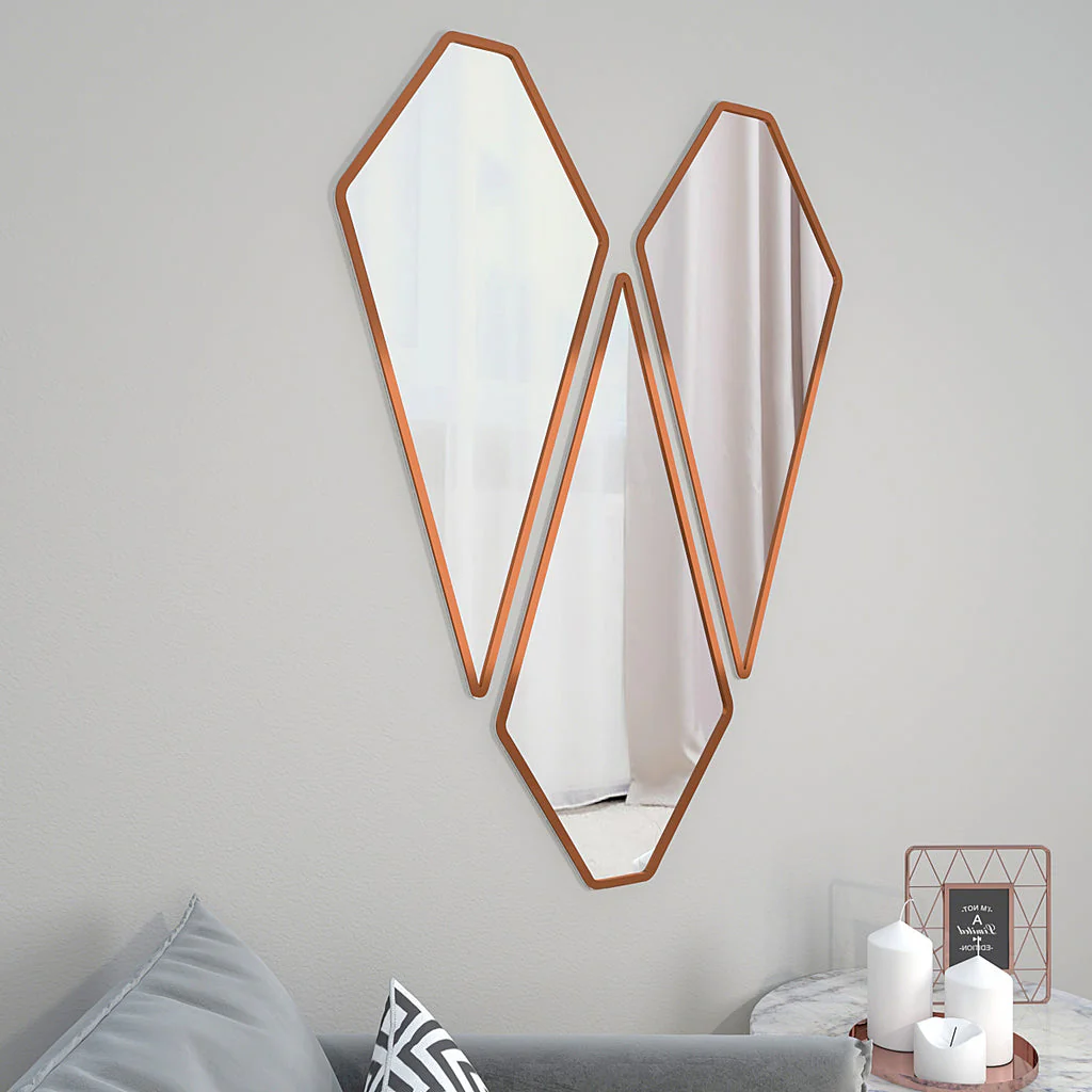 Modern Diamond Shape Vanity Mirrors Set of 3 with Copper Finish Frame - Image 2
