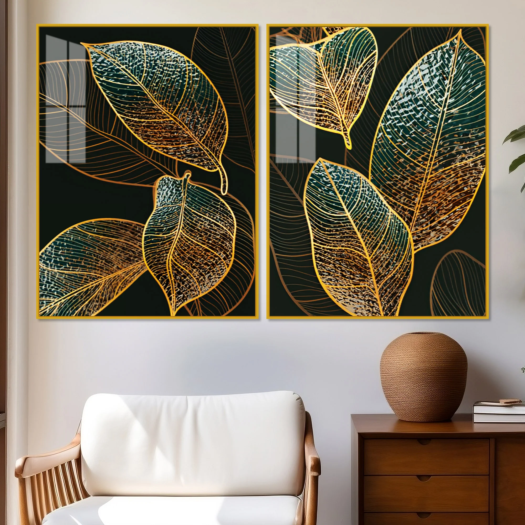 Modern Exquisite oak Leaves Art Acrylic Floating Wall Painting Set Of 2 - Image 2
