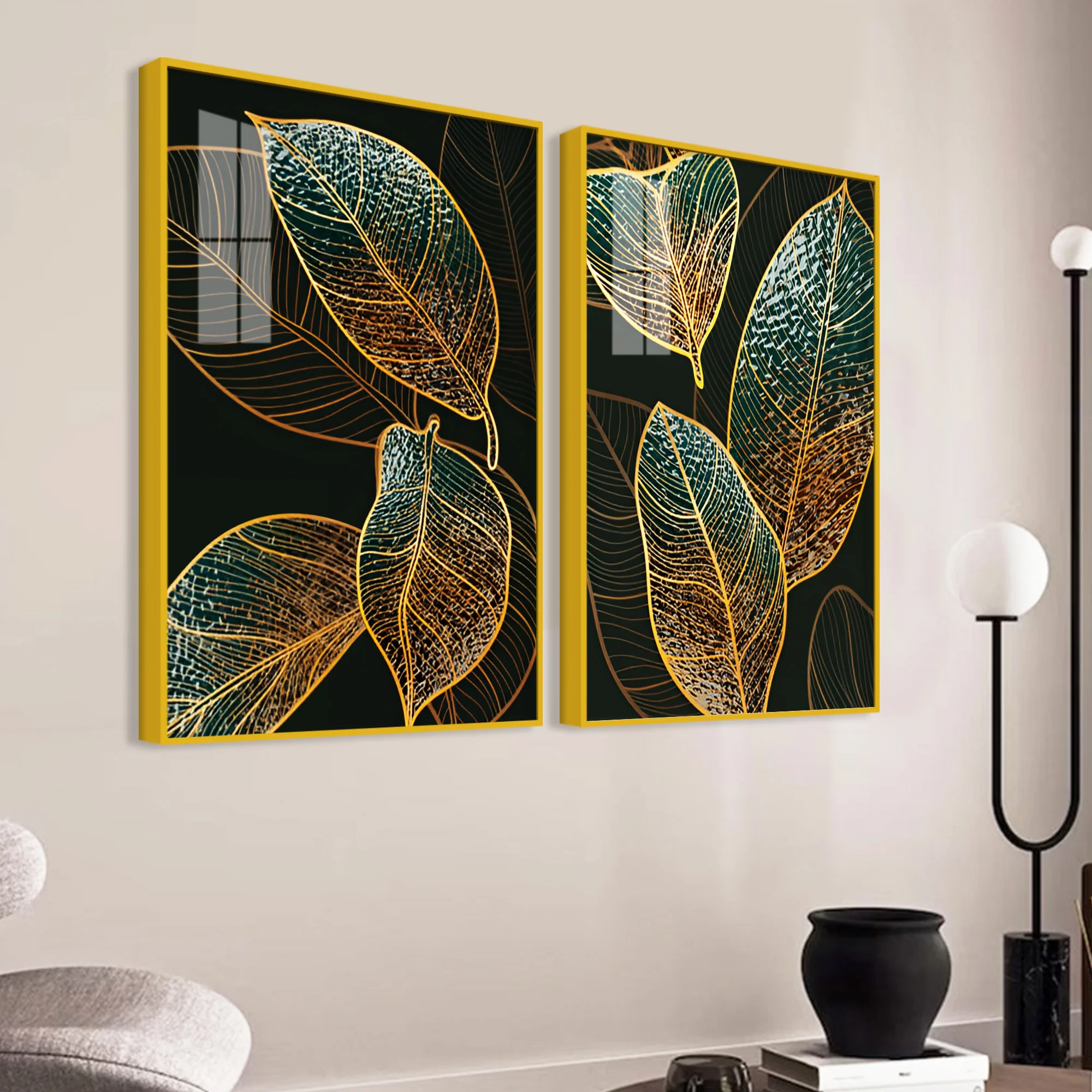 Modern Exquisite oak Leaves Art Acrylic Floating Wall Painting Set Of 2 - Image 3
