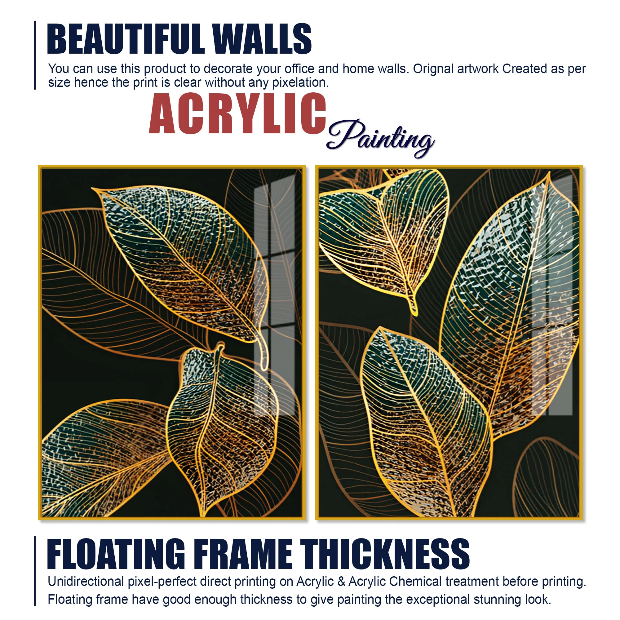 Modern Exquisite oak Leaves Art Acrylic Floating Wall Painting Set Of 2 - Image 5