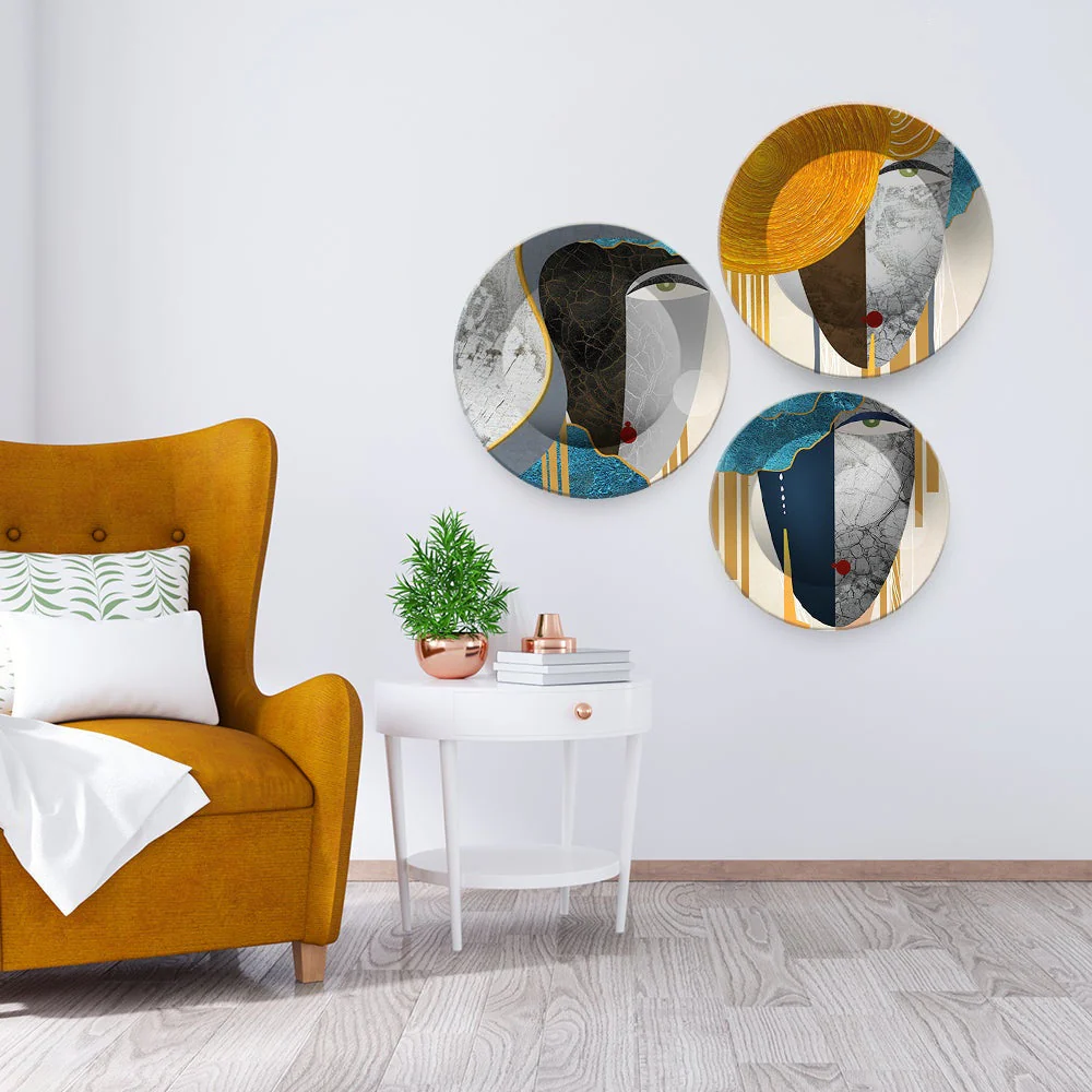 Modern Face Textured Art Wall Plates Set of Three - Image 2