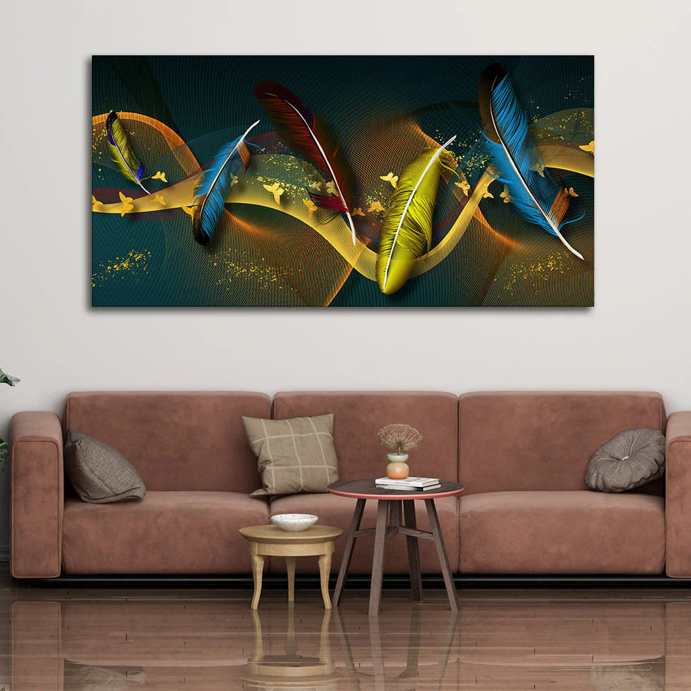 Modern Feathers And Butterflies Premium Canvas Wall Painting - Image 2