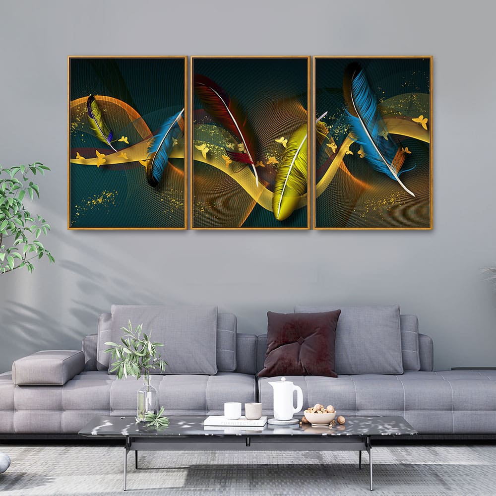 Modern Feathers and Butterflies Premium Floating Canvas Wall Painting Set of Three - Image 2