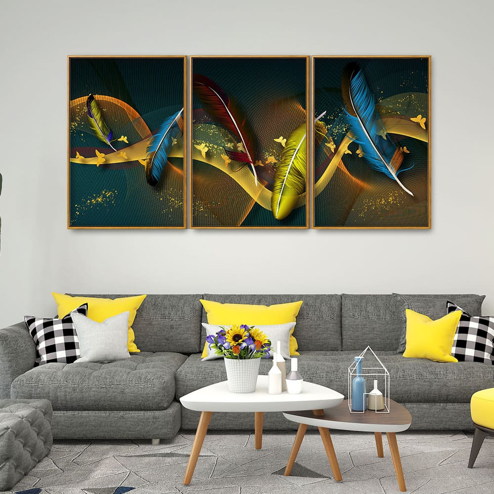 Modern Feathers and Butterflies Premium Floating Canvas Wall Painting Set of Three - Image 3