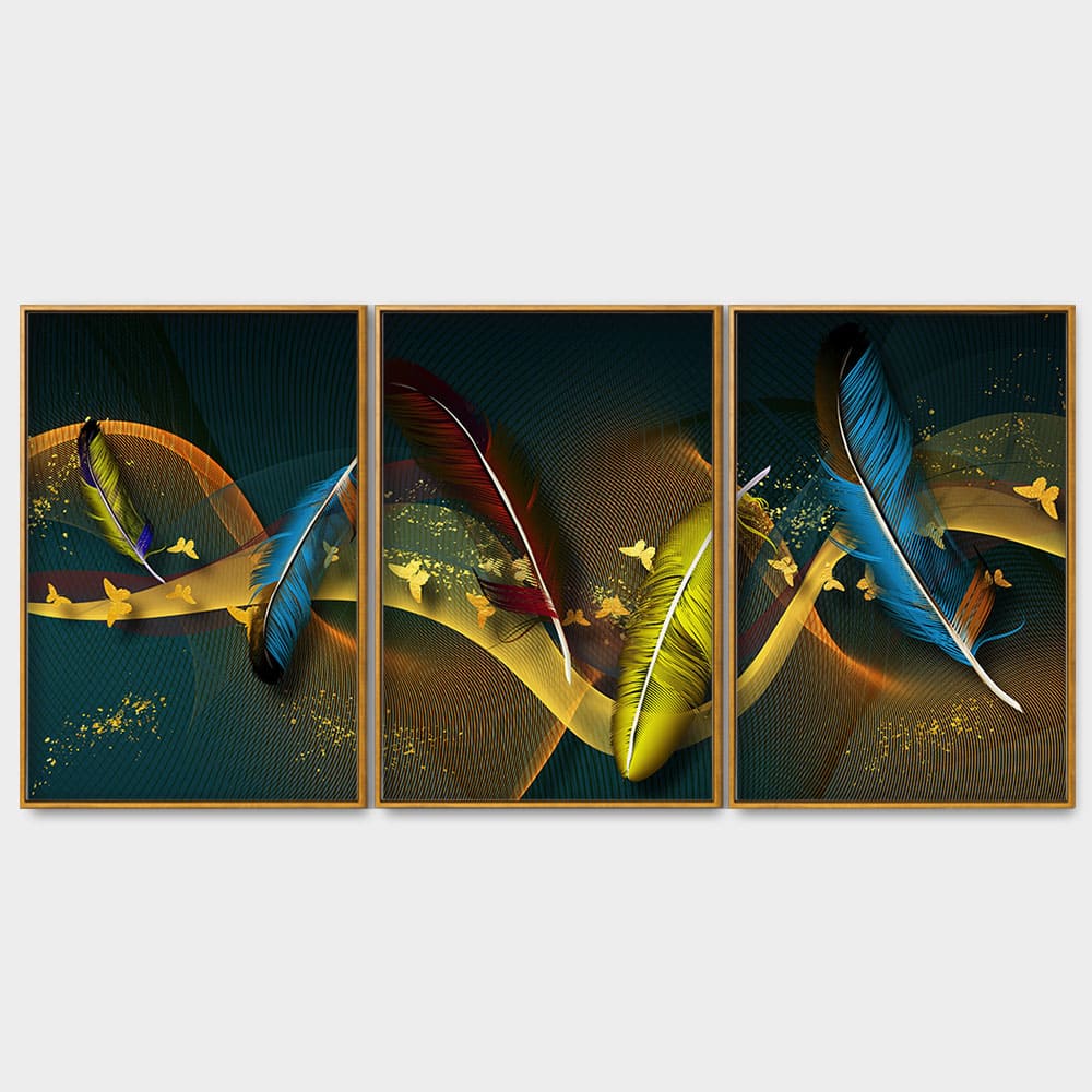 Modern Feathers and Butterflies Premium Floating Canvas Wall Painting Set of Three - Image 4