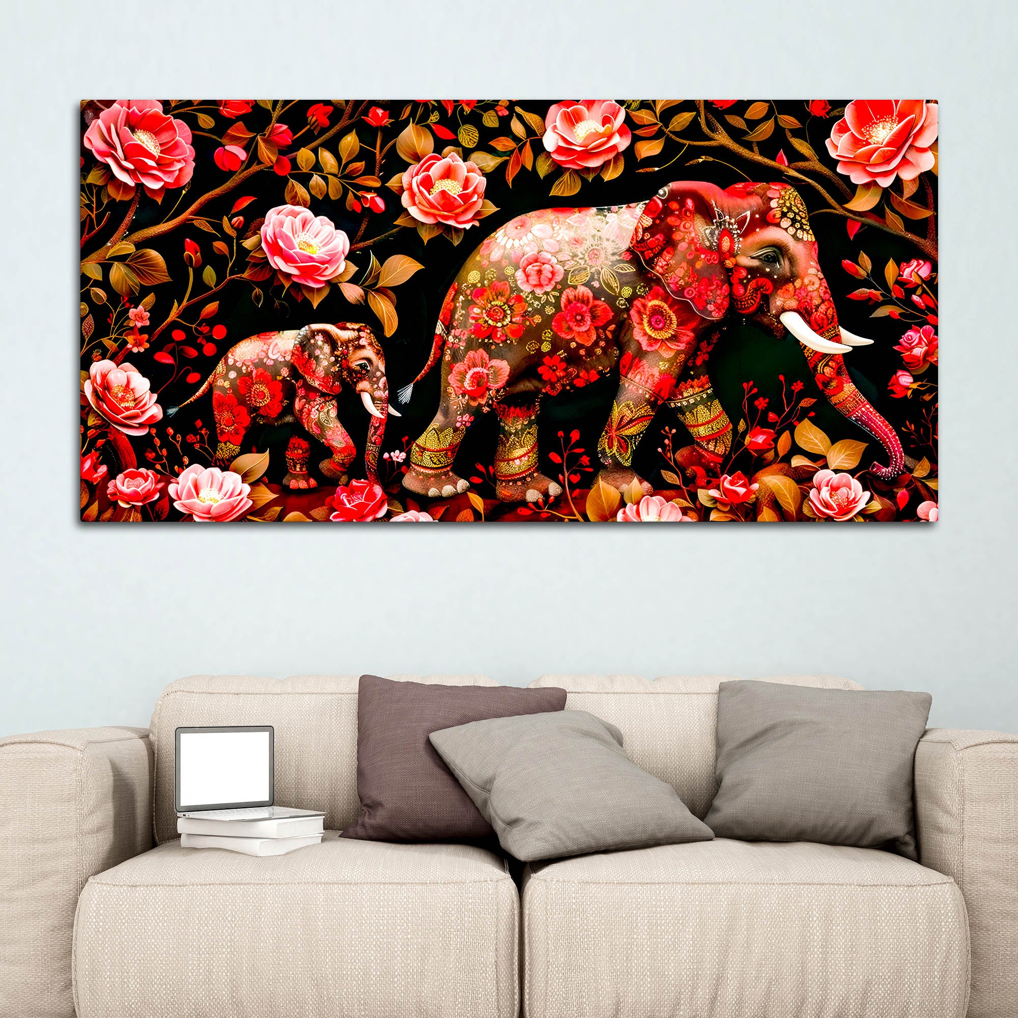 Modern Floral Elephant Wall Décor Painting | Luxury Canvas Home Décor - Image 3