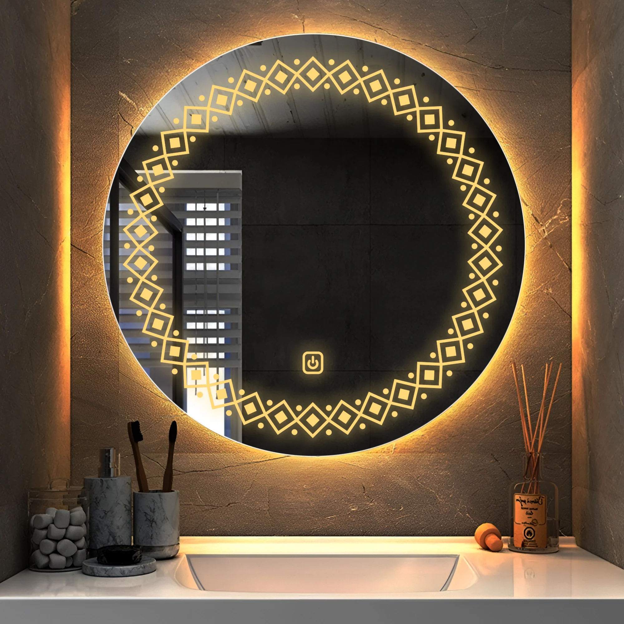 Modern Floral Pattern Art LED Rounded Shape Bathroom Wall Mirror - Image 2
