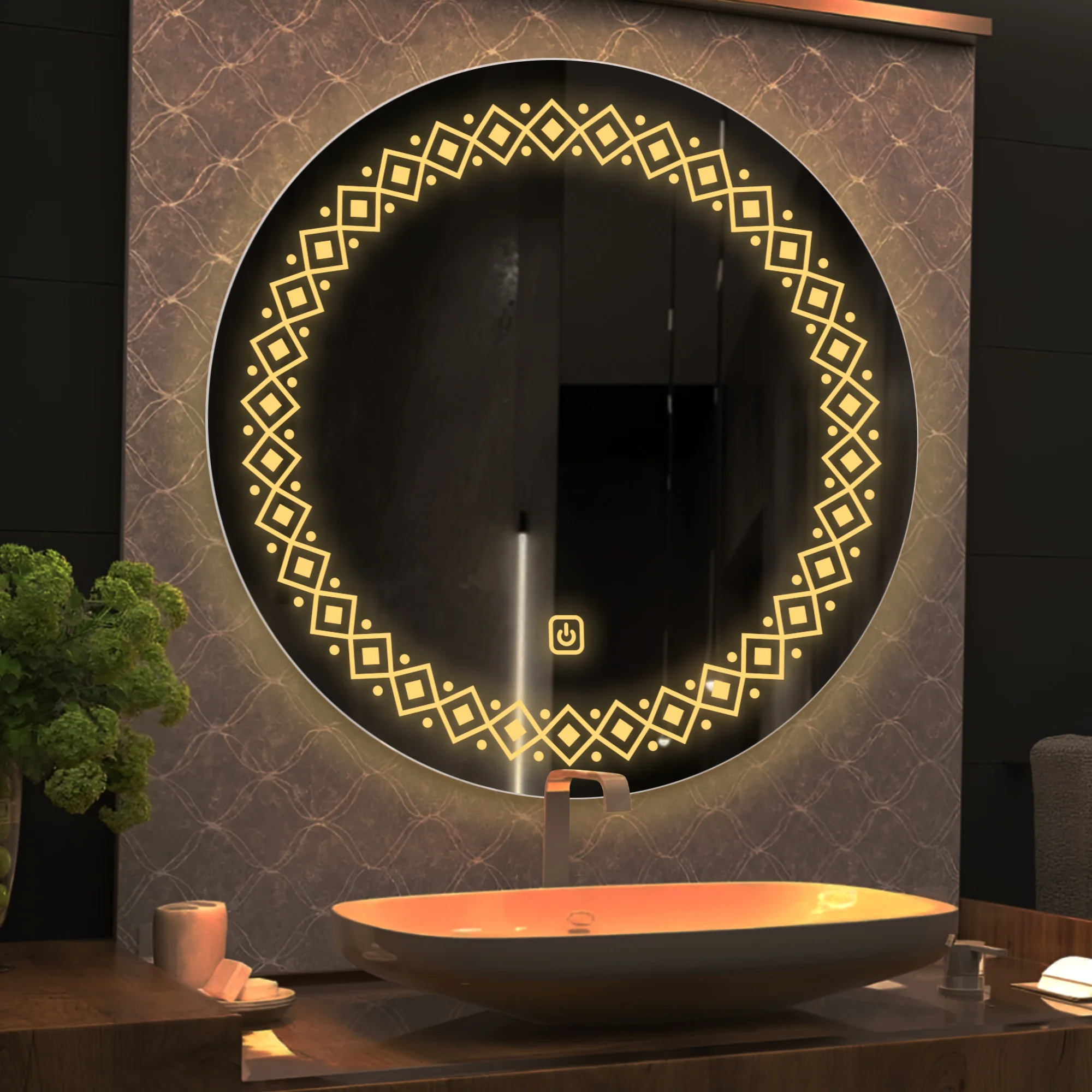 Modern Floral Pattern Art LED Rounded Shape Bathroom Wall Mirror - Image 3