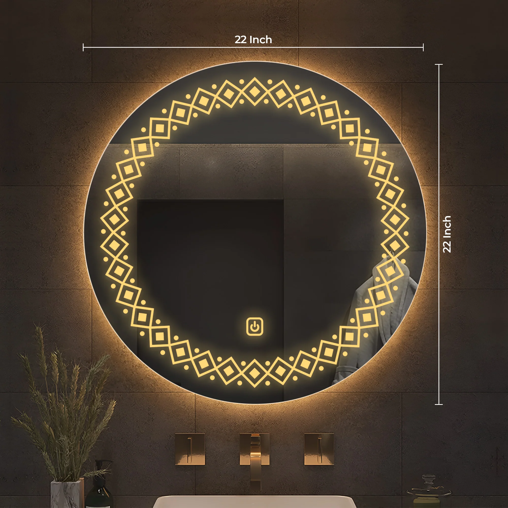 Modern Floral Pattern Art LED Rounded Shape Bathroom Wall Mirror - Image 4