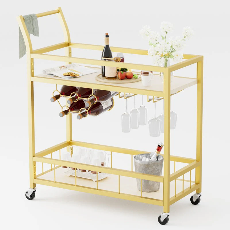 Modern Gold Bar Cart with Built-In Wine Storage Trolley - Image 3