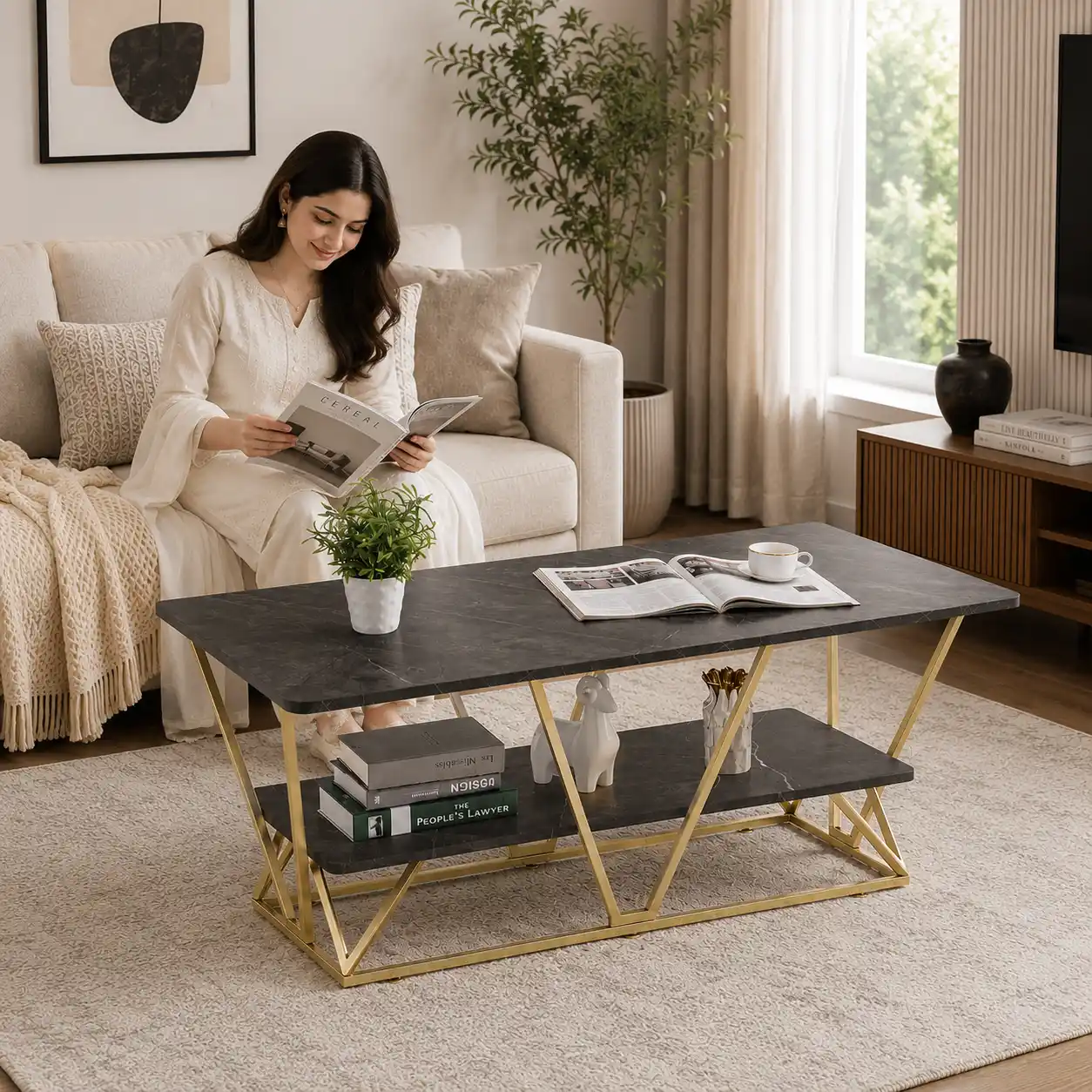 Modern Gold Frame Center Table with Marble Finish Shelf - Image 3
