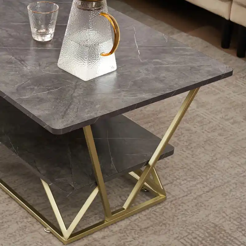 Modern Gold Frame Center Table with Marble Finish Shelf - Image 4