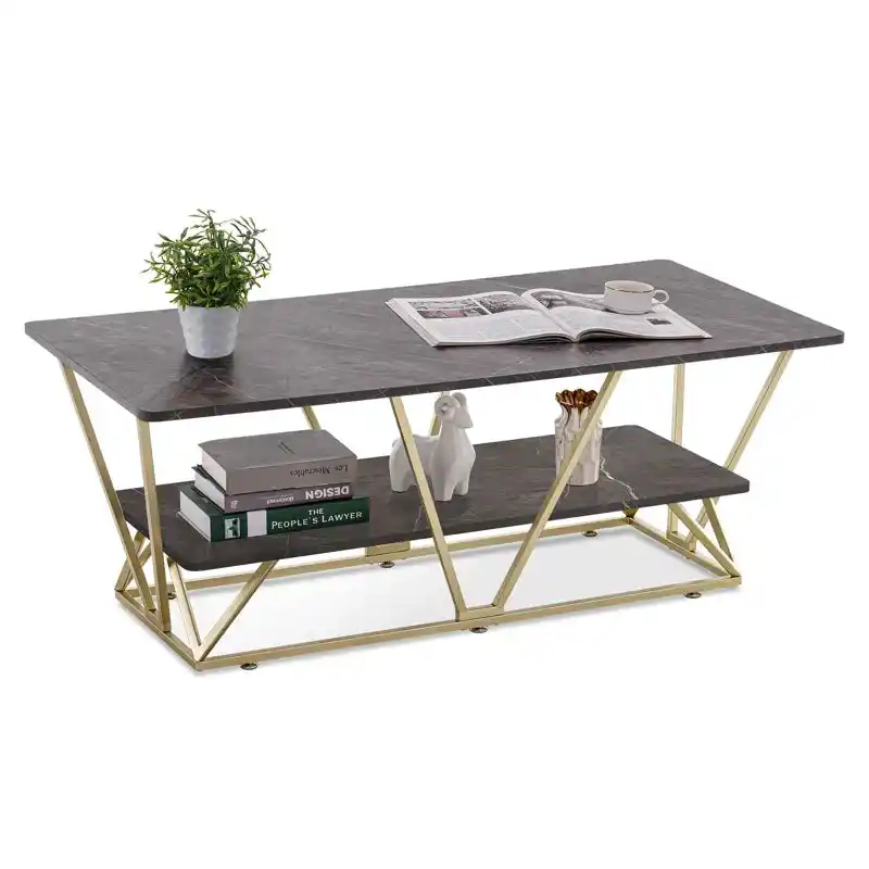 Modern Gold Frame Center Table with Marble Finish Shelf - Image 5