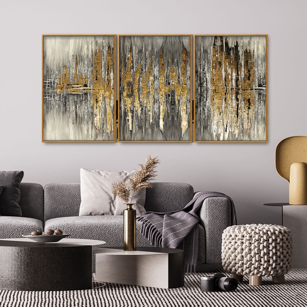 Modern Golden Abstract Design Premium Floating Canvas Wall Painting Set of Three - Image 2