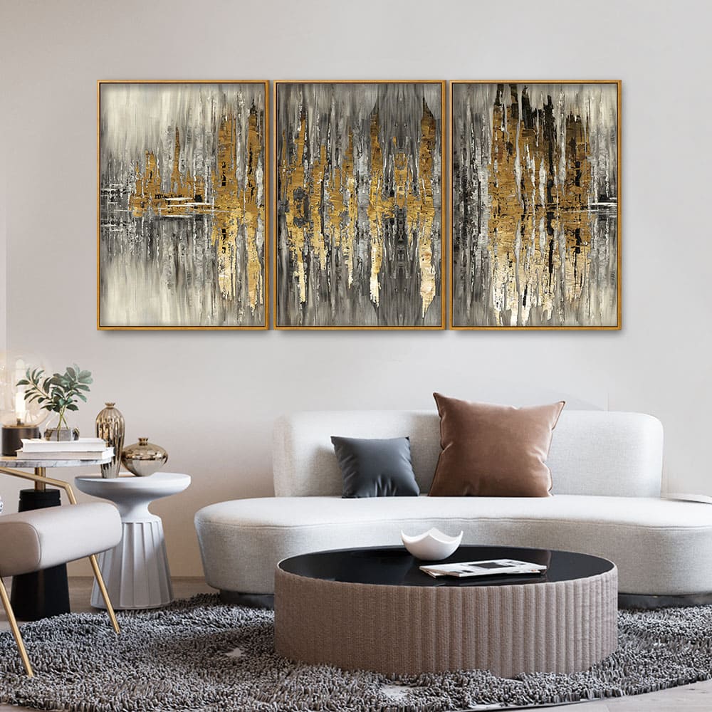 Modern Golden Abstract Design Premium Floating Canvas Wall Painting Set of Three - Image 3