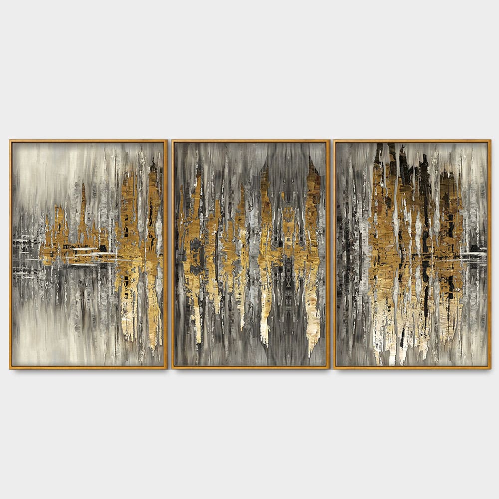 Modern Golden Abstract Design Premium Floating Canvas Wall Painting Set of Three - Image 4
