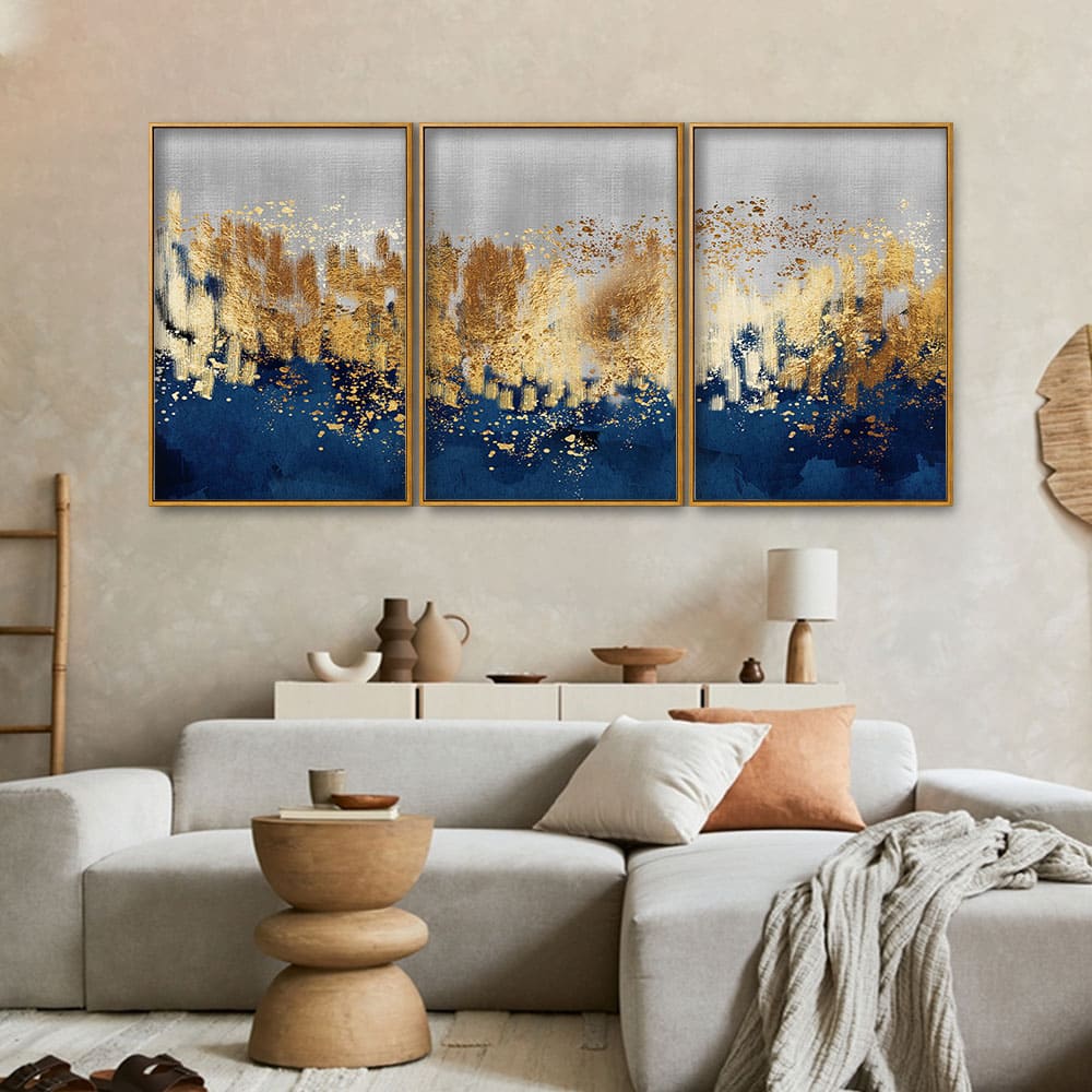 Modern Golden Art Textured Design Premium Floating Canvas Wall Painting Set of Three - Image 2