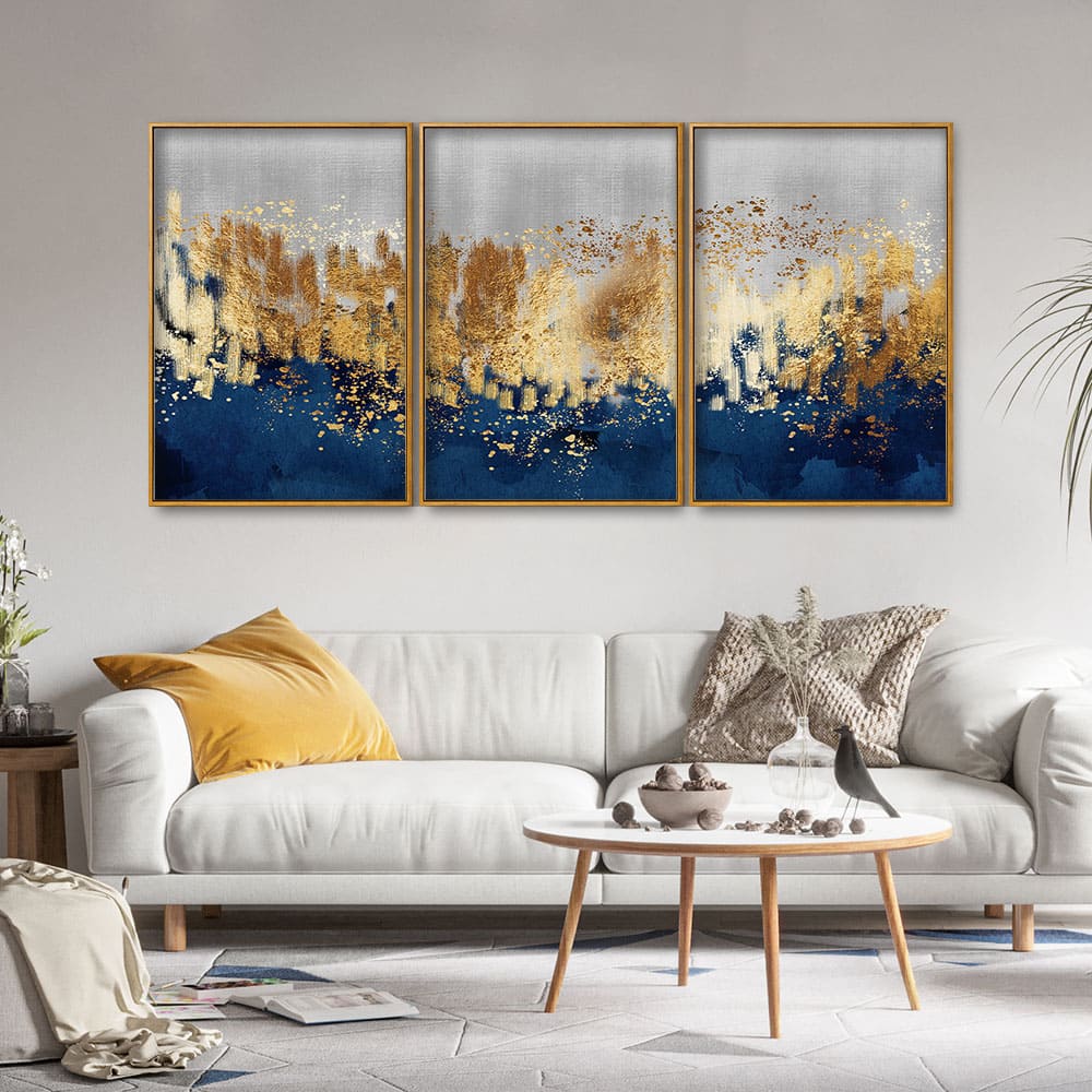 Modern Golden Art Textured Design Premium Floating Canvas Wall Painting Set of Three - Image 3