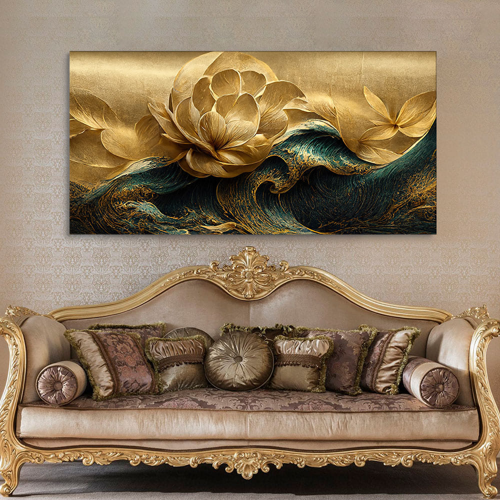 Modern Golden Flower and Waves Canvas Wall Painting - Image 2