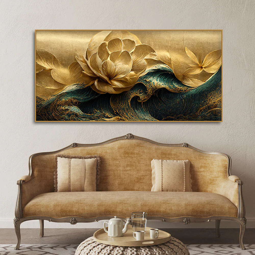 Modern Golden Flower and Waves Canvas Wall Painting - Image 3