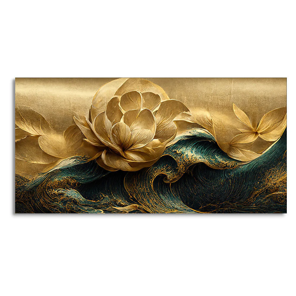 Modern Golden Flower and Waves Canvas Wall Painting - Image 4