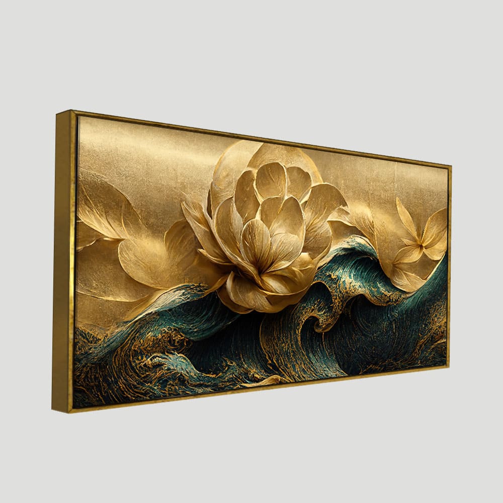 Modern Golden Flower and Waves Canvas Wall Painting - Image 5