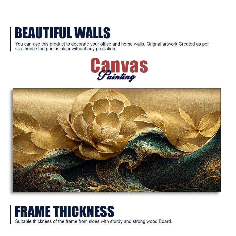 Modern Golden Flower and Waves Canvas Wall Painting - Image 6