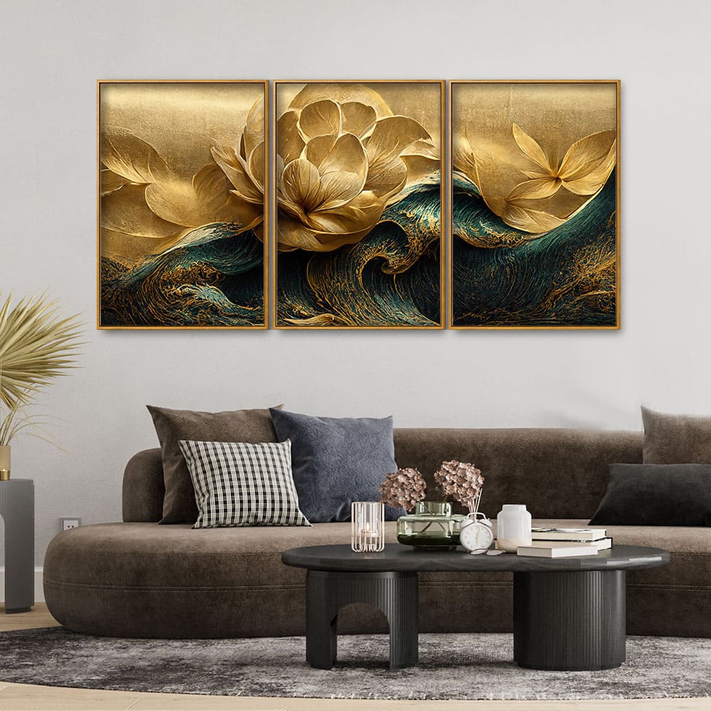 Modern Golden Flower and Waves Floating Canvas Wall Painting Set of Three - Image 2