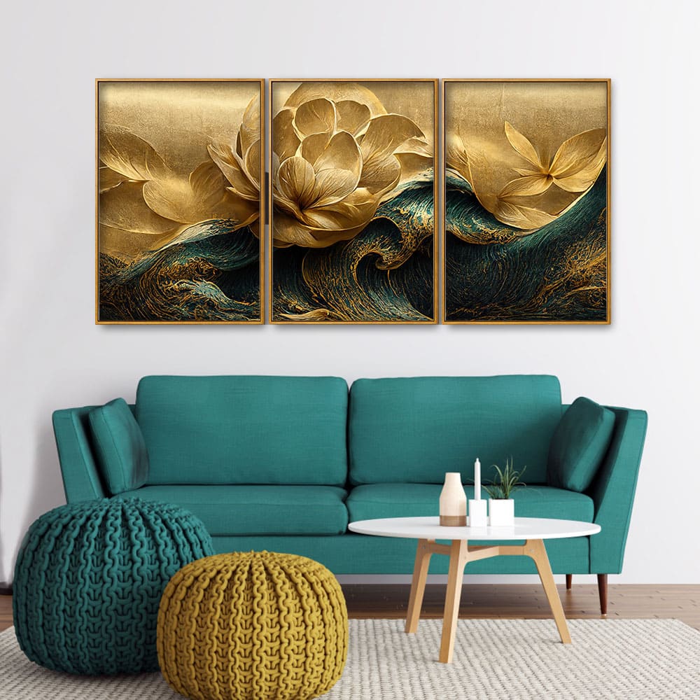 Modern Golden Flower and Waves Floating Canvas Wall Painting Set of Three - Image 3